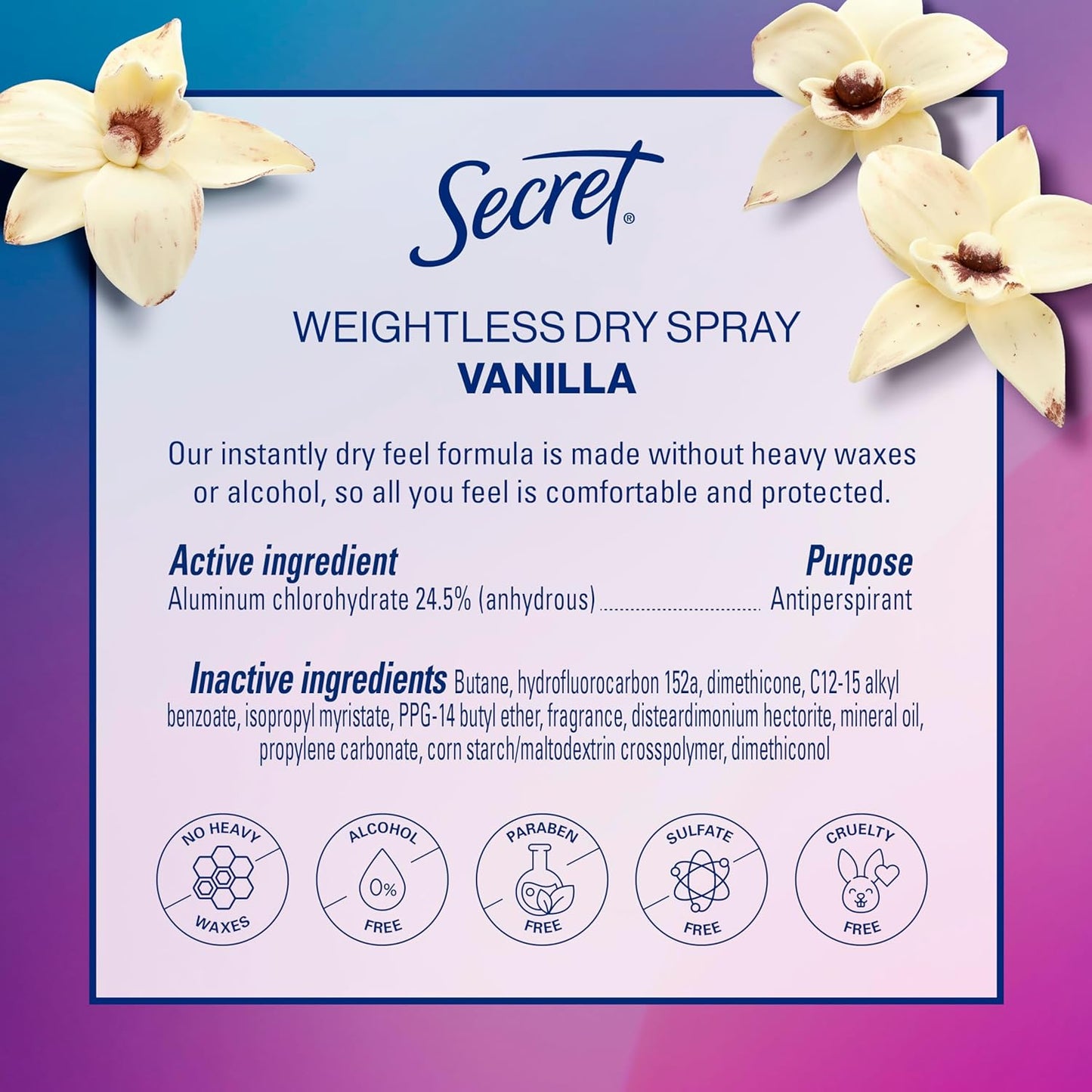 Secret Deodorant Weightless Dry Spray 116g Cozy Vanilla