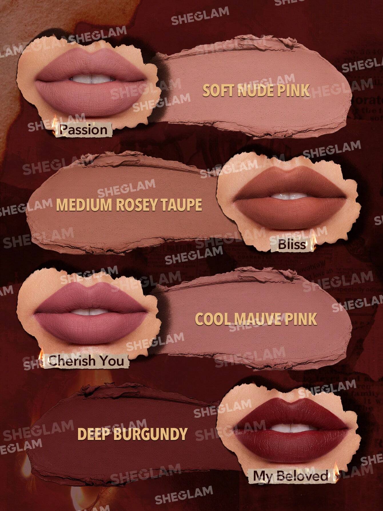 Sheglam Ember Rose Dynamatte Boom Long-lasting Matte Lipstick set 2.7gx4